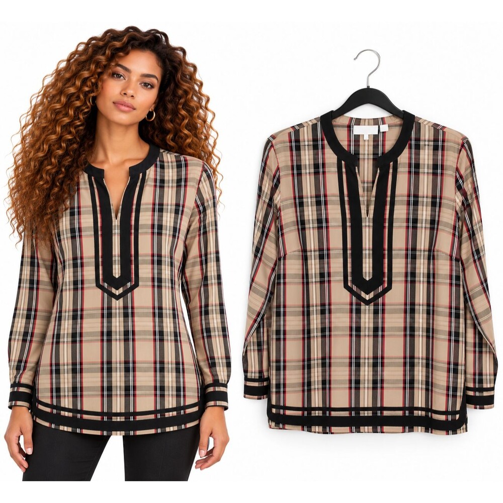 Kim Gravel Tartan Plaid Tunic Shirt Size Large Long Sleeve QVC #A670958